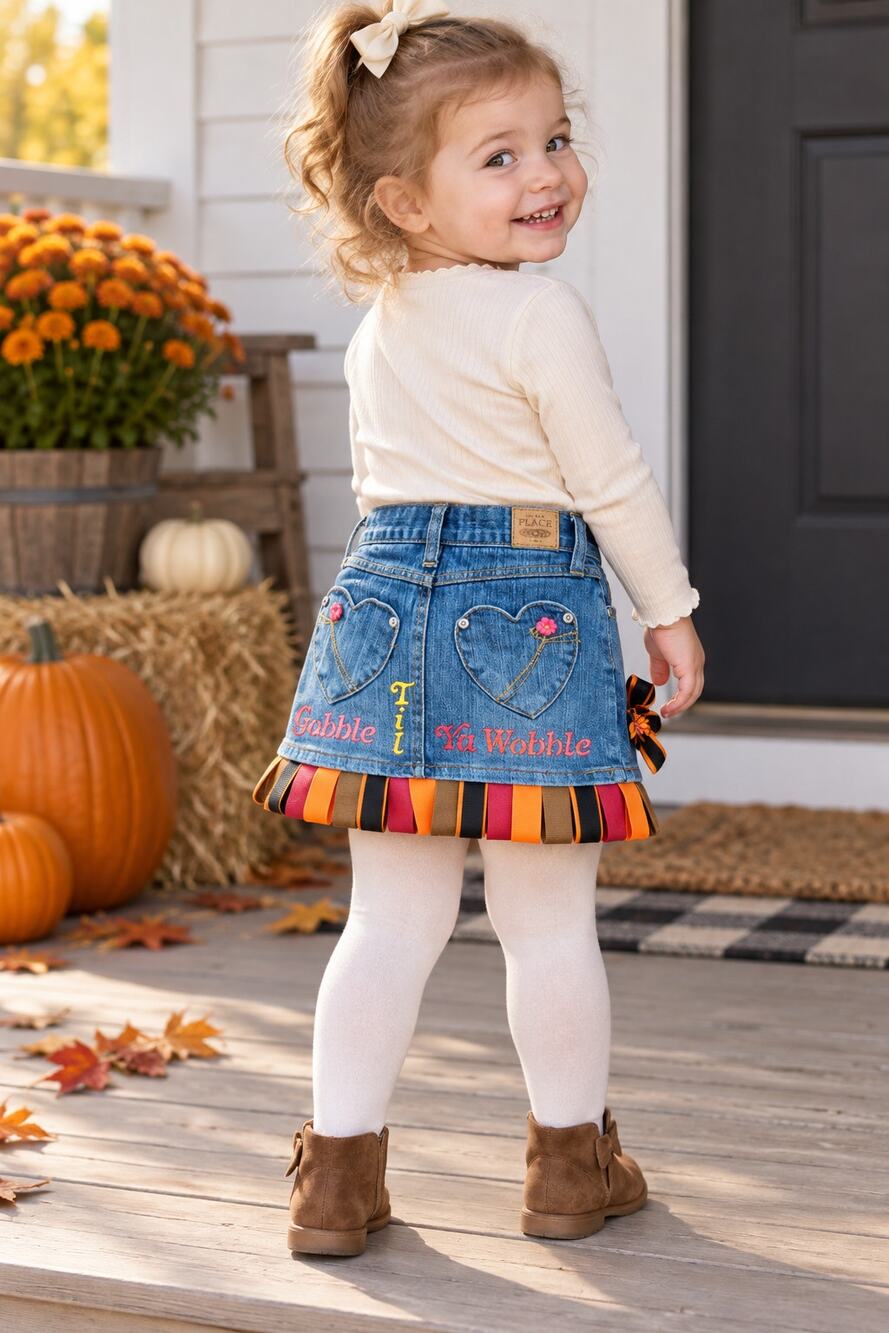 Toddler Thanksgiving Denim Skort Size 2 Turkey Ribbon Hem Heart Pockets